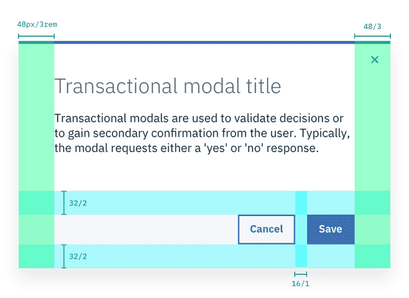Structure and spacing measurements for Transactional Modal elements