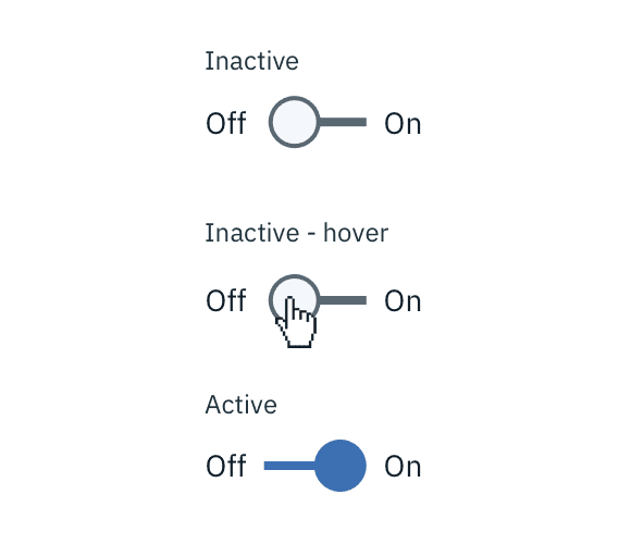 Inactive, inactive hover, and active states for a Toggle