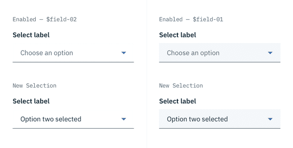 Default and new selection state examples for Select